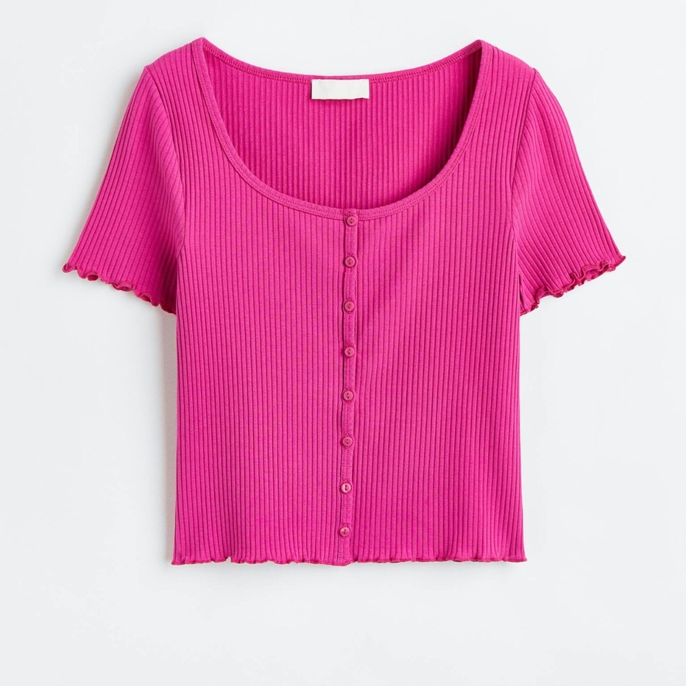 H & M Button-front Ribbed Top - Low-cut Neckline - Short sleeve size US - S